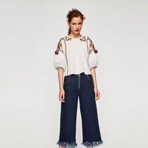 NWT Zara EMBROIDERED TOP WITH POMPOMS